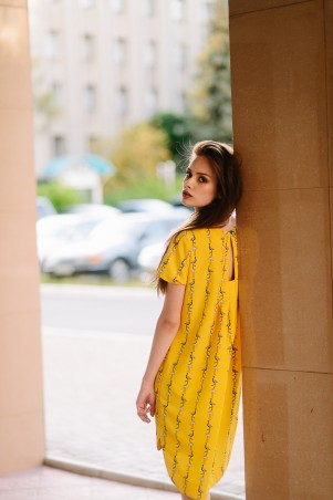 Lilo: Желтое короткое платье прямого кроя в пеликаны 08019 - фото 2