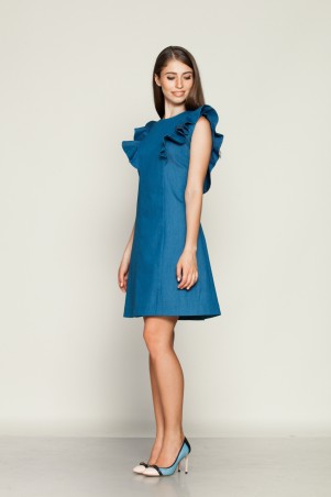 Marterina: Платье-мини с симметричными воланами из синего джинса K01P15J04 - фото 4