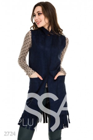 ISSA PLUS: Синий замшевый жилет с бахромой и необработанными краями 2724_синий - фото 1