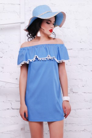 TessDress: Джинсовое платье с открытыми плечами и помпонами «Марлетт» 1467 - фото 1