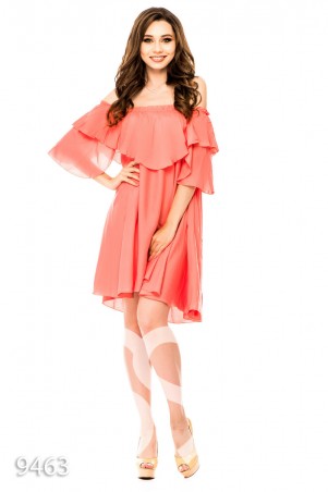 ISSA PLUS: Персиковое летящее платье с открытыми плечами 9463_персиковый - фото 1