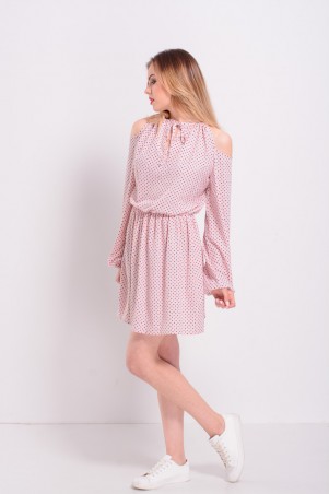 Lilo: Короткое розовое платье в горошек с открытыми плечами 8206 - фото 1