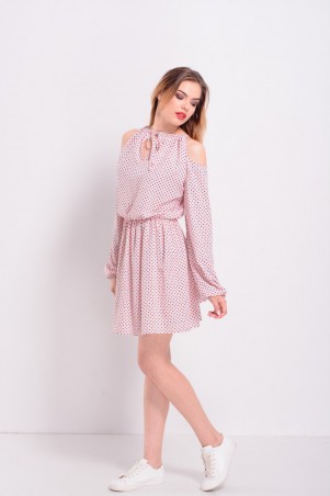 Lilo: Короткое розовое платье в горошек с открытыми плечами 8206 - фото 3