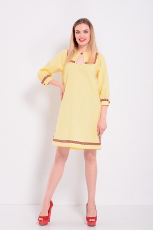 Lilo: Желтое льняное прямое платье с орнаментом 8048 - фото 1