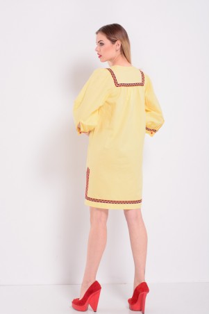 Lilo: Желтое льняное прямое платье с орнаментом 8048 - фото 2