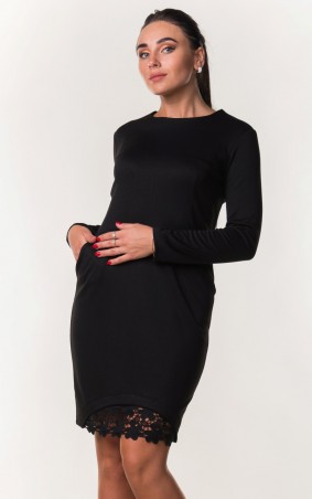 Zanna Brend: Элегантное черное платье с поясом и гипюровой вставкой 7399 - фото 1