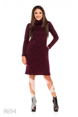 ISSA PLUS: Бордовое меланжевое демисезонное платье с высоким воротом и карманами 9654_бордовый - фото 1