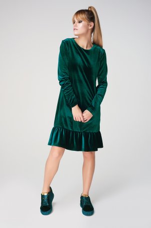 Marterina: Платье-трапеция из бархата с воланом внизу зеленое K08P77BV31 - фото 1