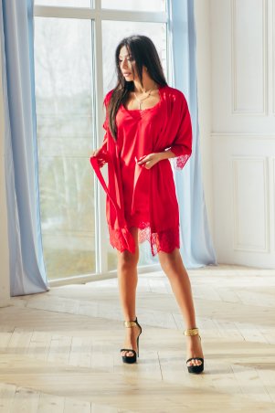 Amella Novak: Халат шелковый с длинным кружевом красным 1601 - фото 1