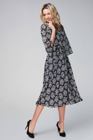 Marterina: Платье-полусолнце с расклешенным рукавом из черно-белого шифона K09P87SF57 - фото 1
