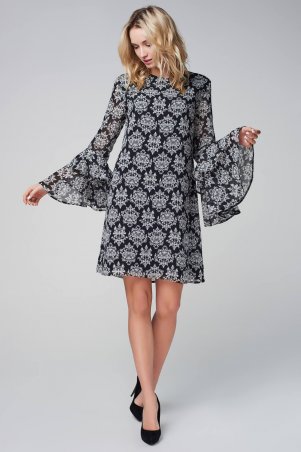 Marterina: Платье-мини прямое с воланами по рукаву из черно-белого шифона K09P86SF57 - фото 1