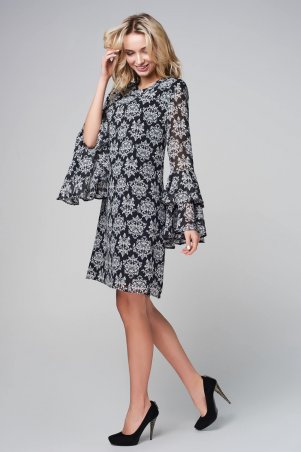 Marterina: Платье-мини прямое с воланами по рукаву из черно-белого шифона K09P86SF57 - фото 2