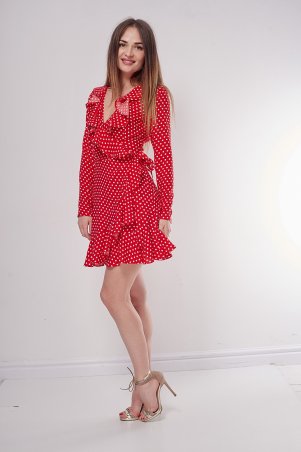 Lilo: Короткое красное платье в горошек с рюшами 2414 - фото 1