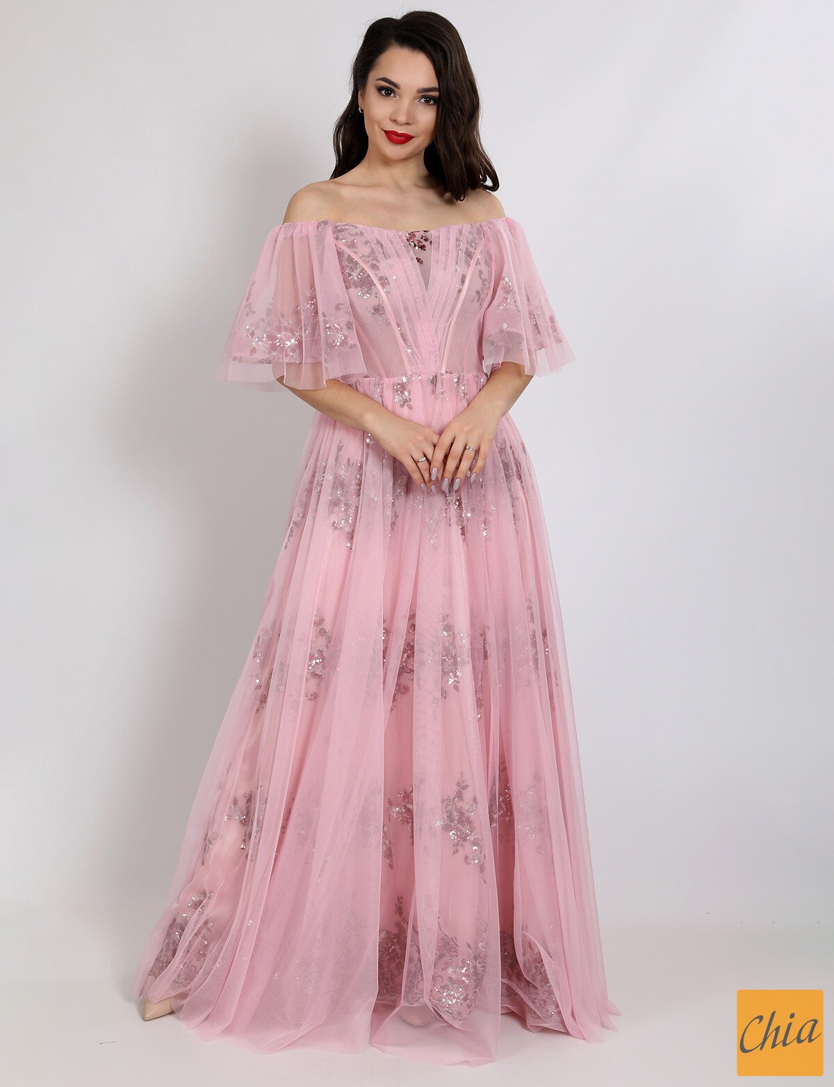 Платье вечернее с узором из пайеток на сетке