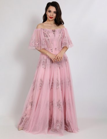 Платье вечернее с узором из пайеток на сетке