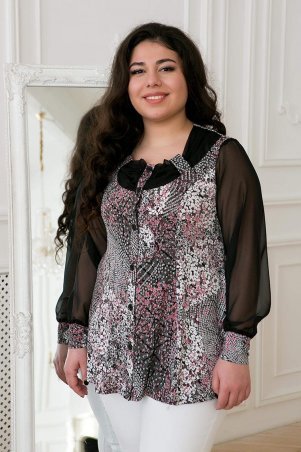 Tatiana: Блуза с шифоновым рукавом в розовый цветок ГАБИ черная - фото 1