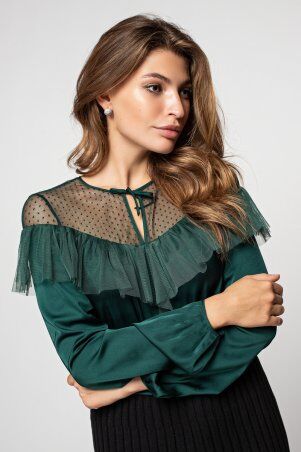 Itelle: Шовкова блуза смарагдового кольору з рюшів з фатину Леді 21170 - фото 1