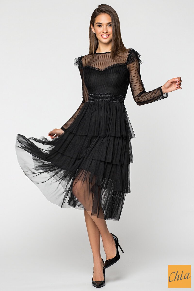 Нарядное платье миди с многослойной юбкой из фатина Джесси