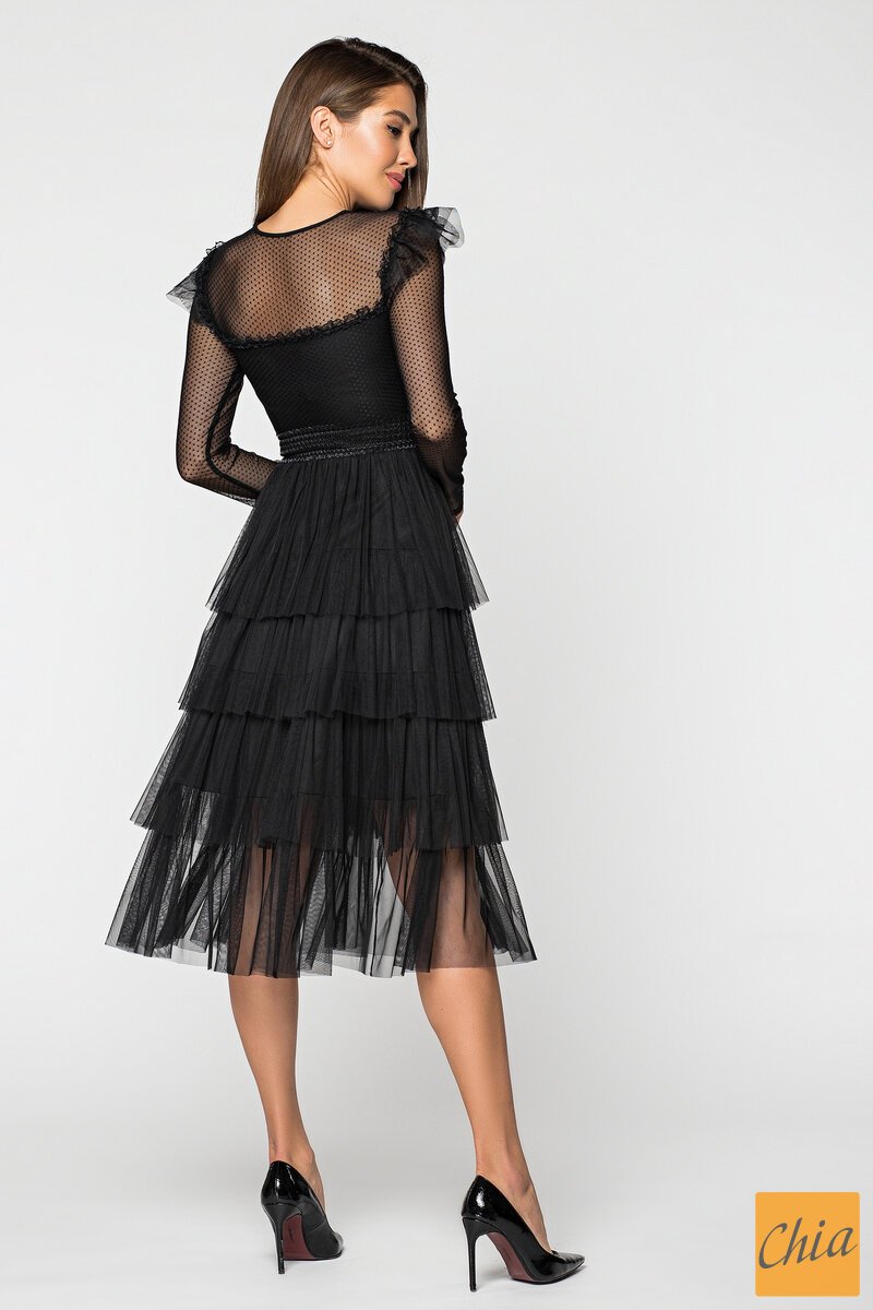 Нарядное платье миди с многослойной юбкой из фатина Джесси