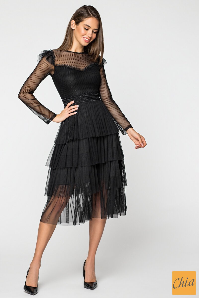 Нарядное платье миди с многослойной юбкой из фатина Джесси