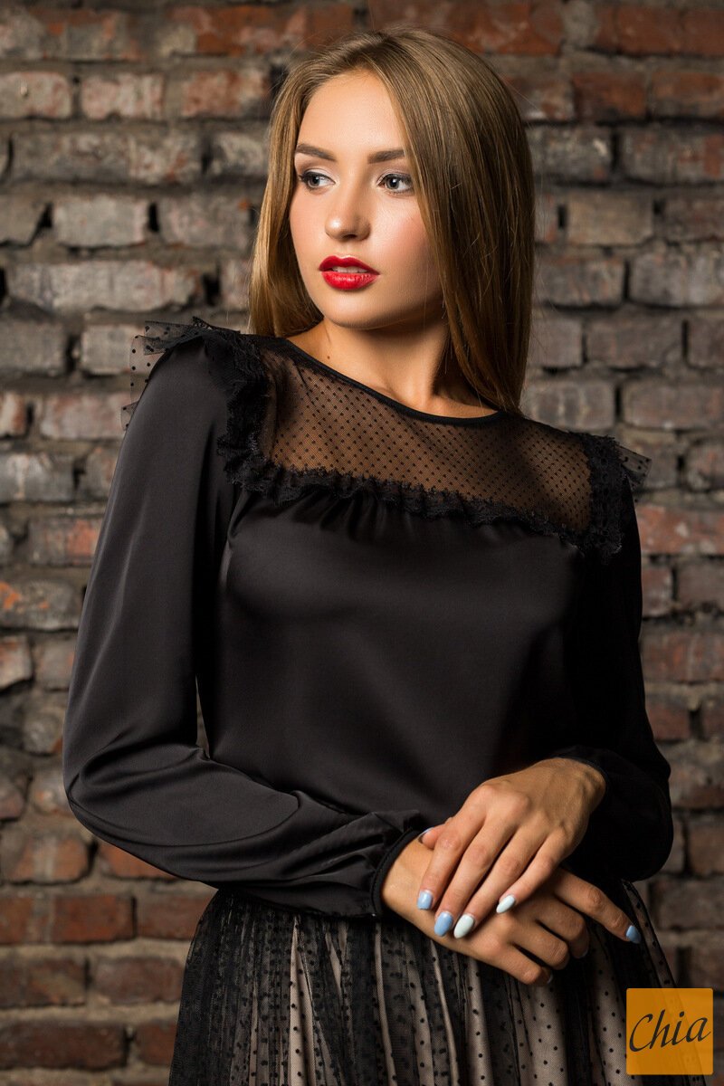 Черная шелковая блуза с сеткой в горох Мари
