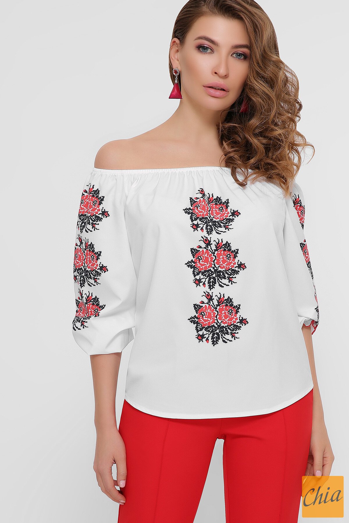 Красные цветы Блуза Юния 3/4 белый