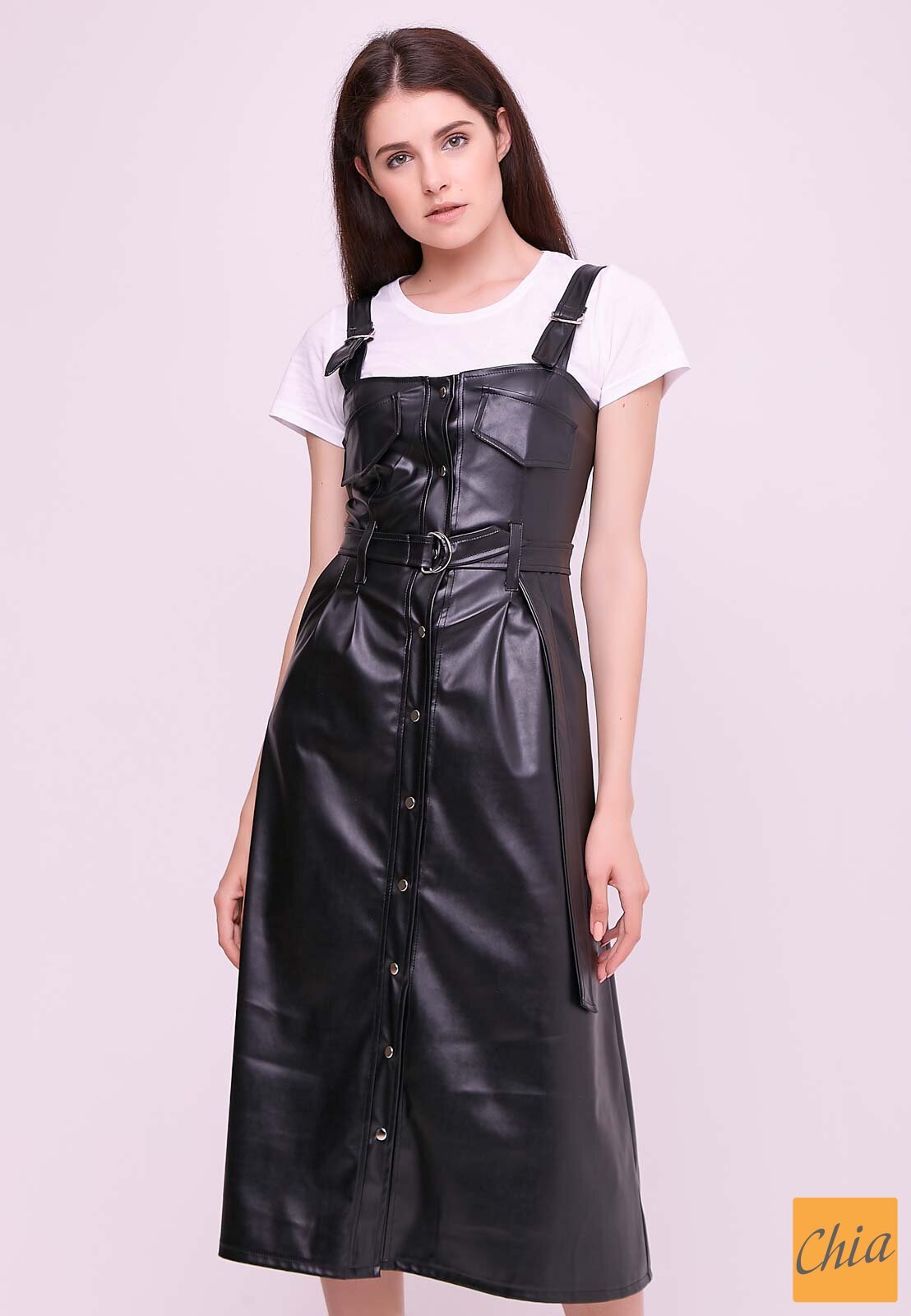 Женский кожаный сарафан на бретелях черный
