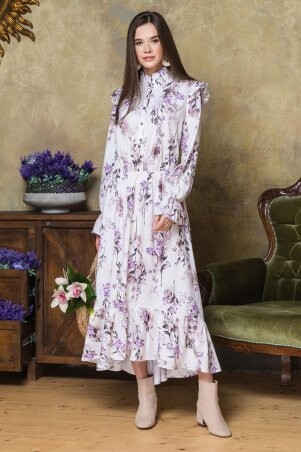Garda: Длинное Платье С Воланами На Рукавах Цветы На Молочном 300959 - фото 1