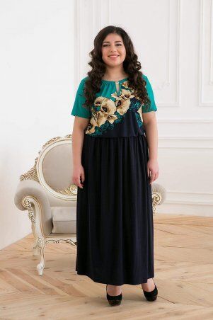 Tatiana: Длинное платье с бирюзовым принтом ЕЛЕНА темно-синее - фото 1