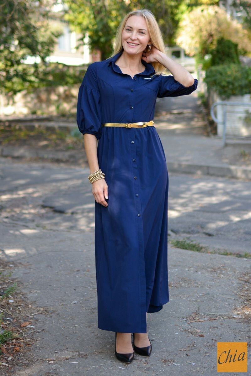 Синее вечернее платье в пол с поясом