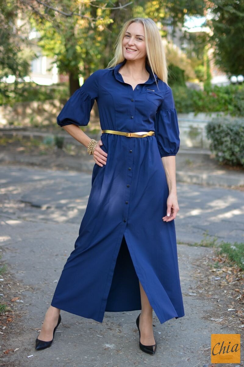 Синее вечернее платье в пол с поясом