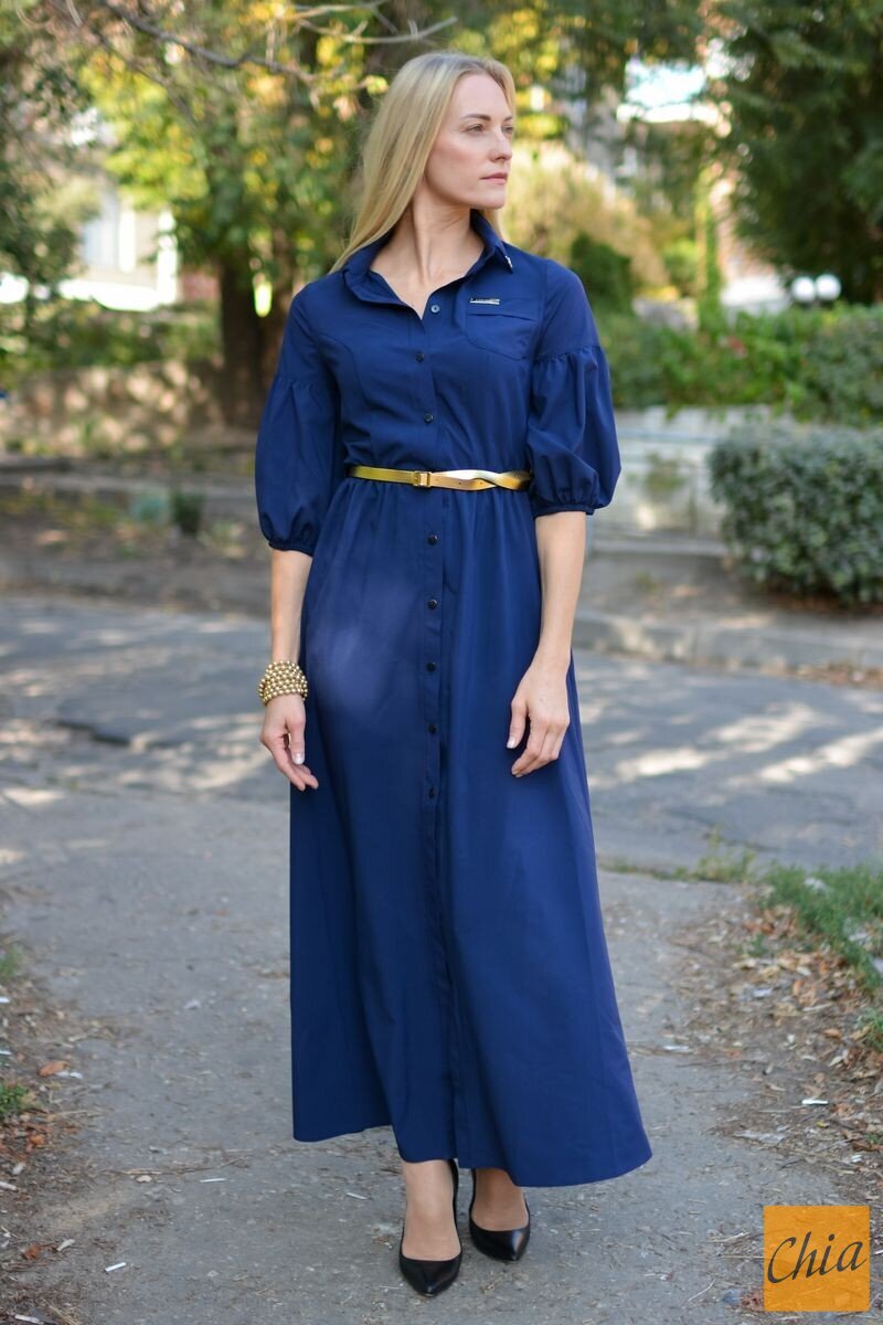 Синее вечернее платье в пол с поясом