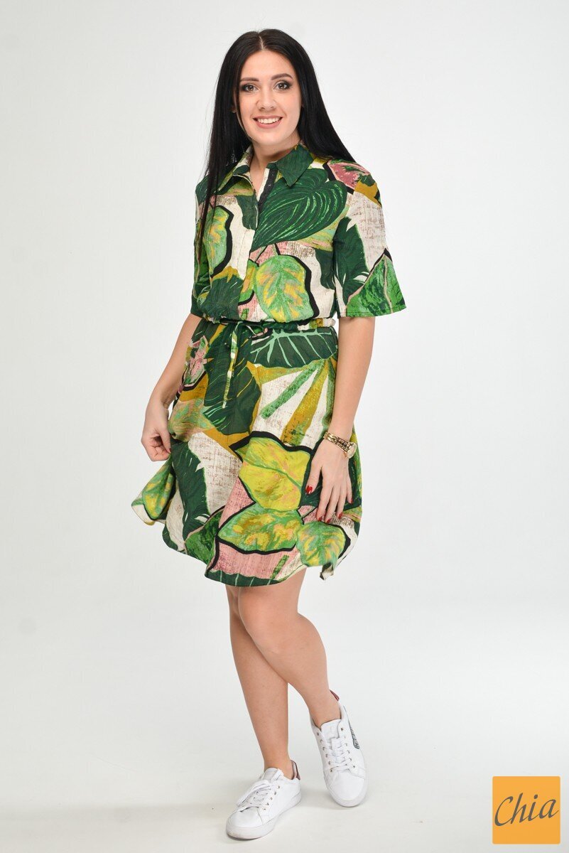 Платье из льна миди с зеленым принтом с поясом и отложным воротником