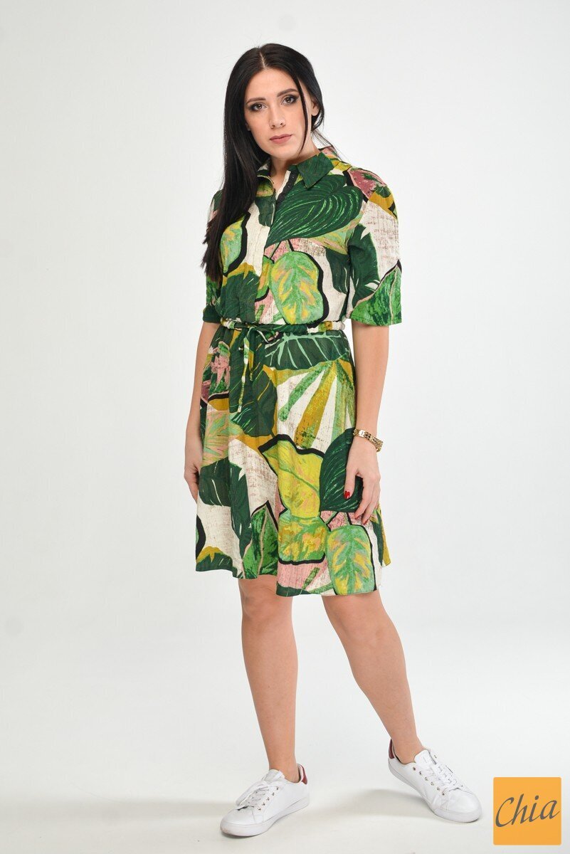 Платье из льна миди с зеленым принтом с поясом и отложным воротником