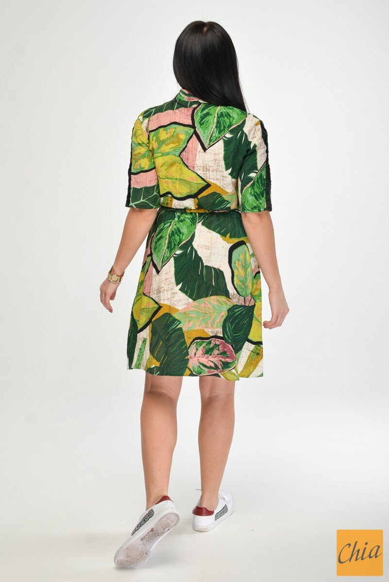 Платье из льна миди с зеленым принтом с поясом и отложным воротником