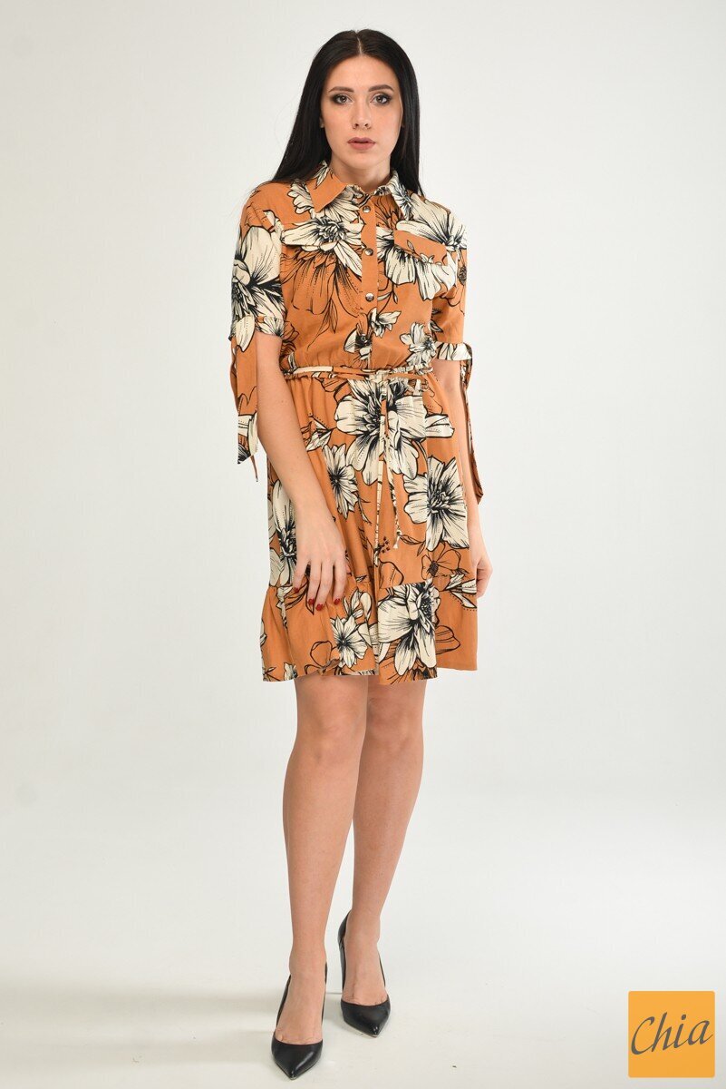 Бежевое льняное расклешенное платье с оборкой в крупный цветочный принт с завязками на рукавах