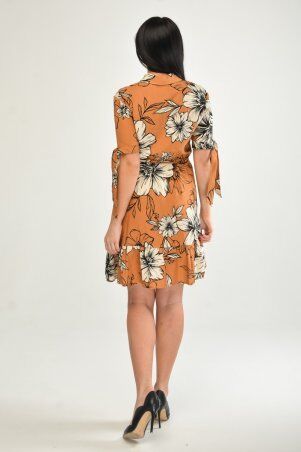 KOTIKI: Бежевое льняное расклешенное платье с оборкой в крупный цветочный принт с завязками на рукавах 1968 - фото 3