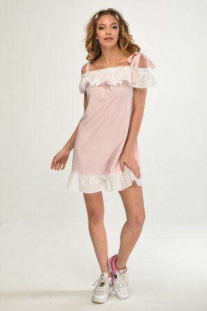 KOTIKI: Розовое открытое платье с завязками на плечах с белой прошвой спущенного рукава и рюшей 1974 - фото 3