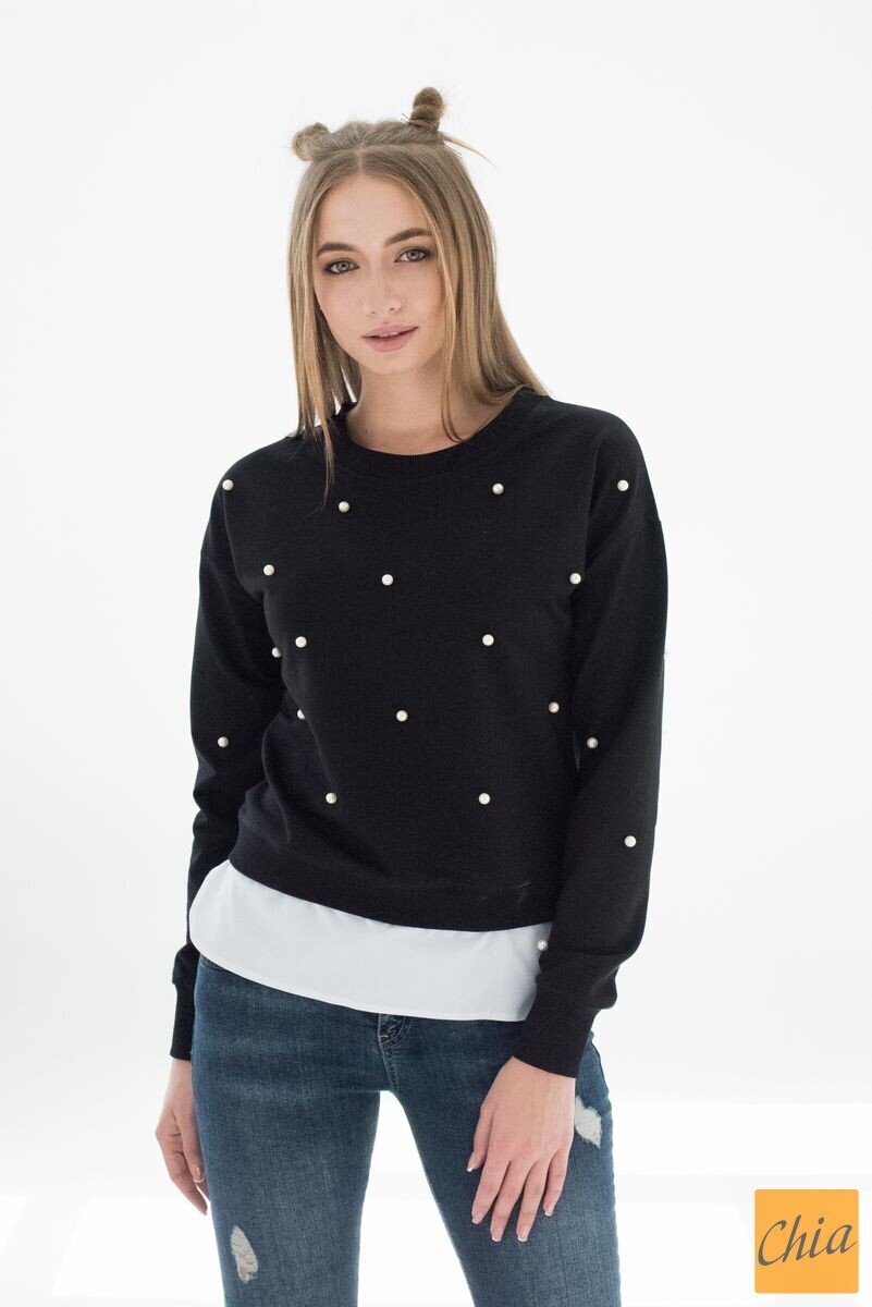 Черный свитшот из двунитки с жемчугом