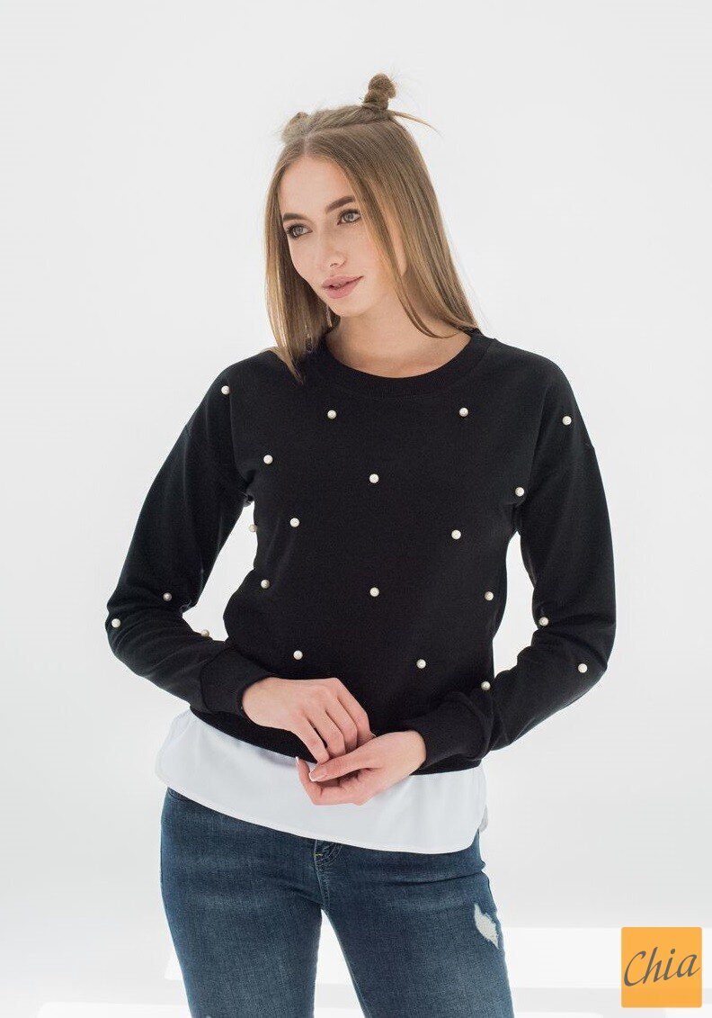 Черный свитшот из двунитки с жемчугом