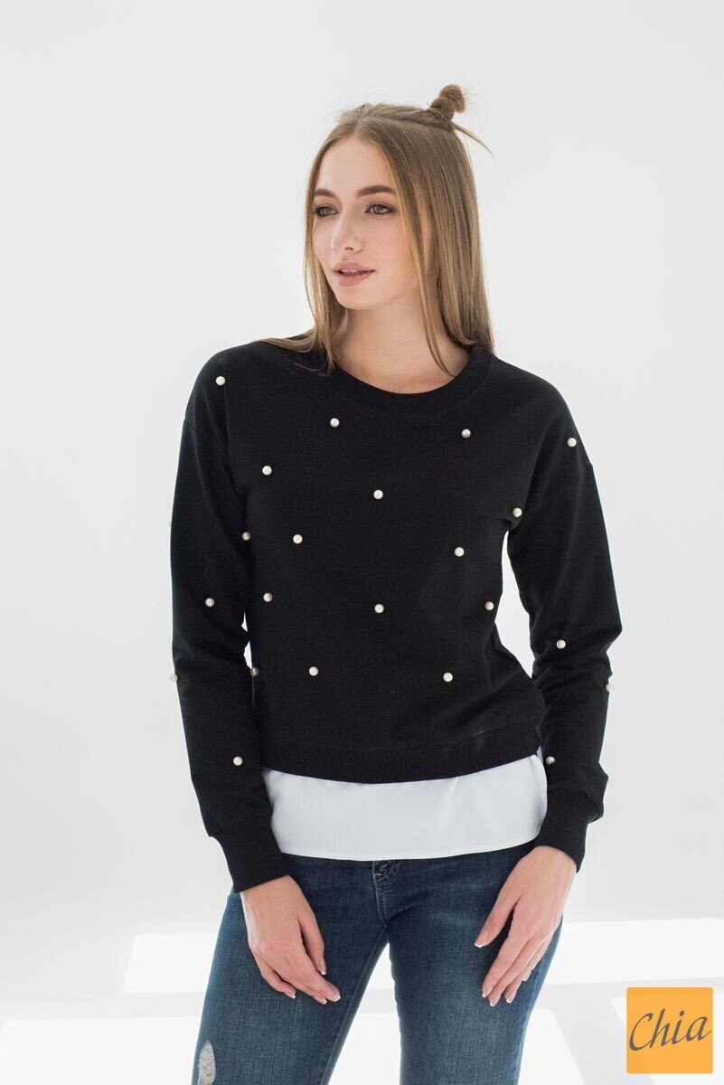 Черный свитшот из двунитки с жемчугом