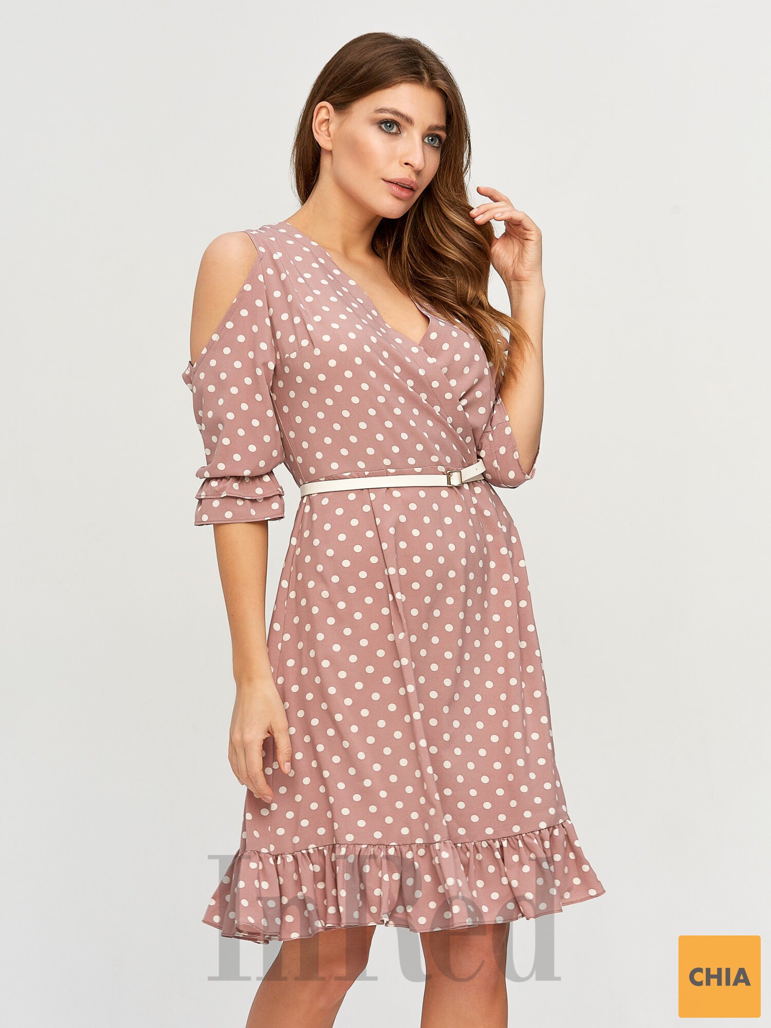 Платье "LILY" в горошек пудровое