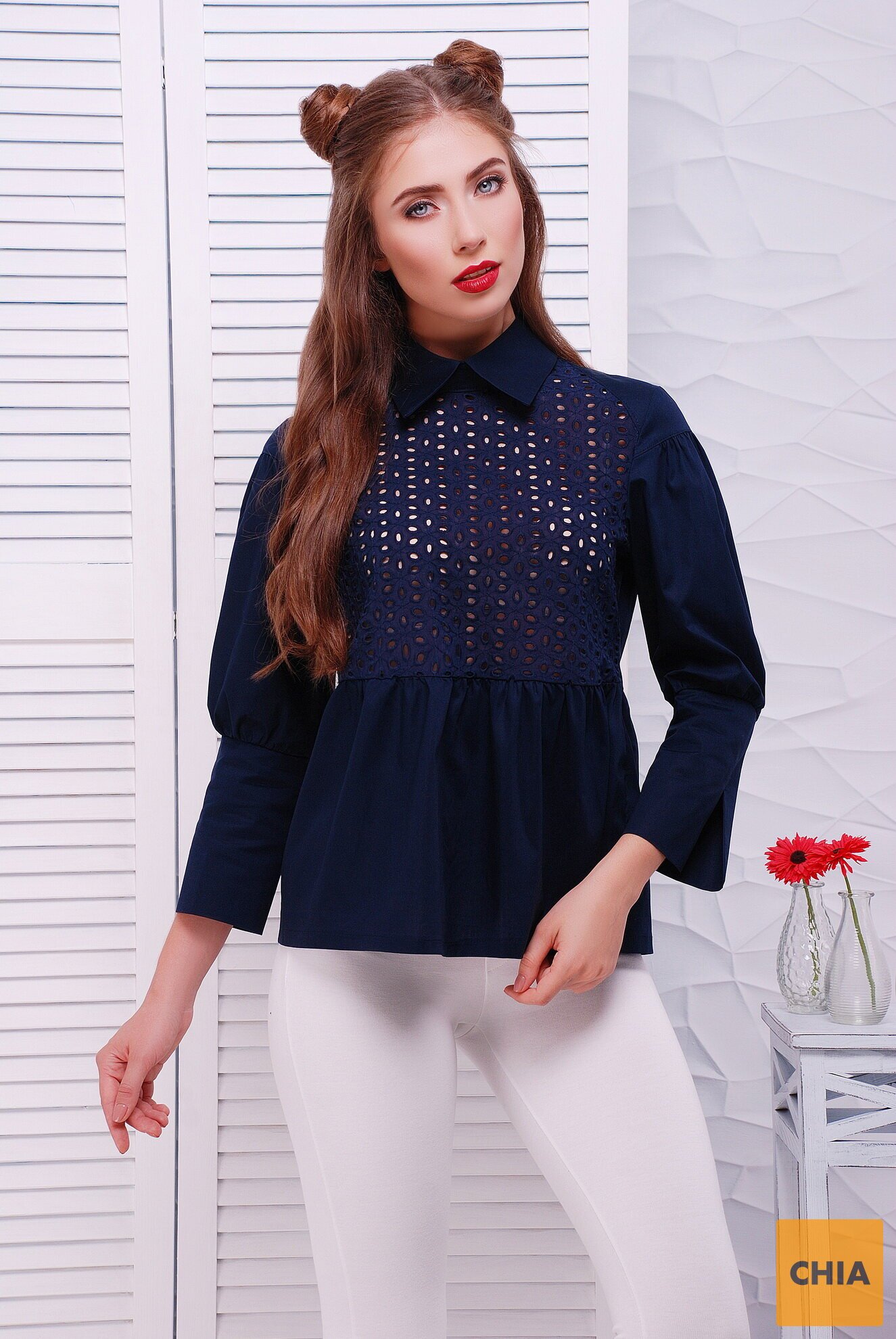 Рубашка с прошвой в стиле кежуал «Афина» Dark Blue