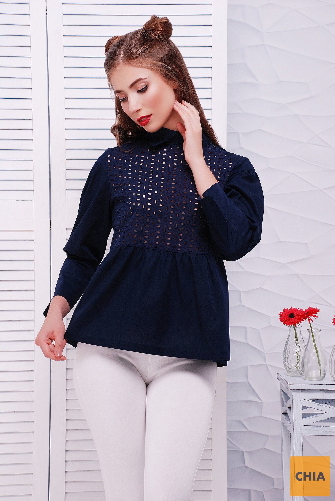 Рубашка с прошвой в стиле кежуал «Афина» Dark Blue