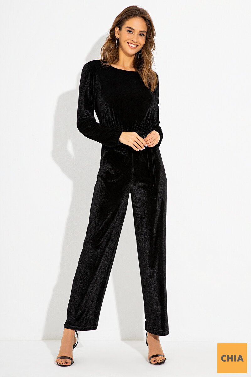 Вечерний комбинезон из велюра черного цвета Роксана