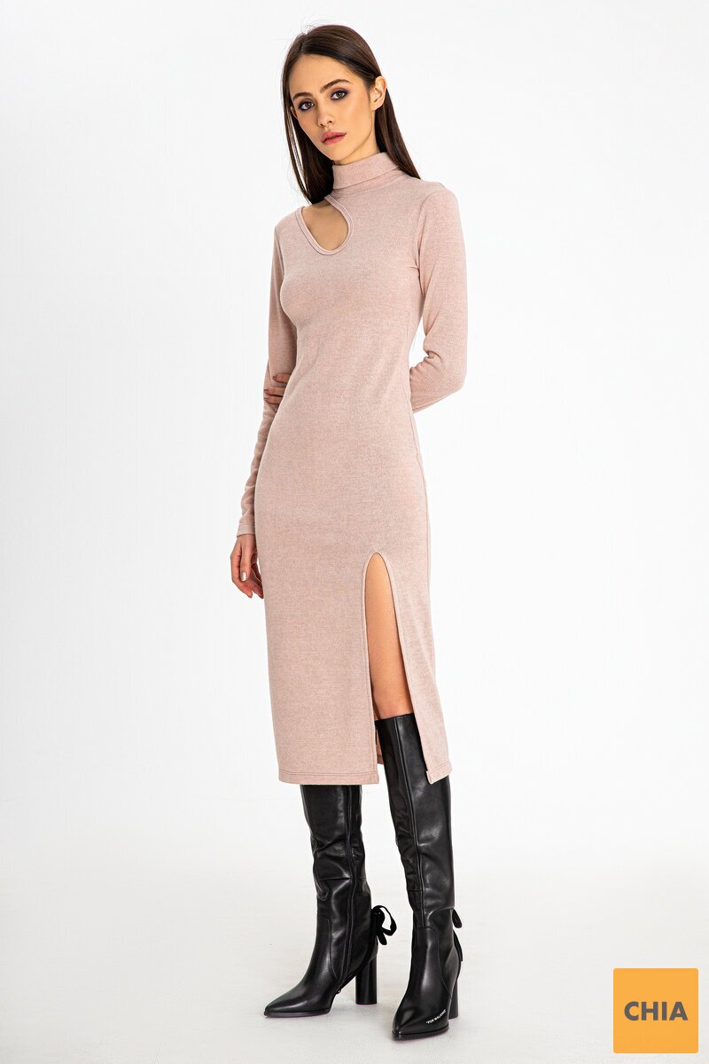 Платье-гольф с разрезом длины миди пудрового цвета Роза