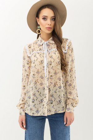 Блуза Лала д/р бежевый-голубой цветок