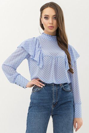 Блуза Вета д/р голубой-черный м.горох