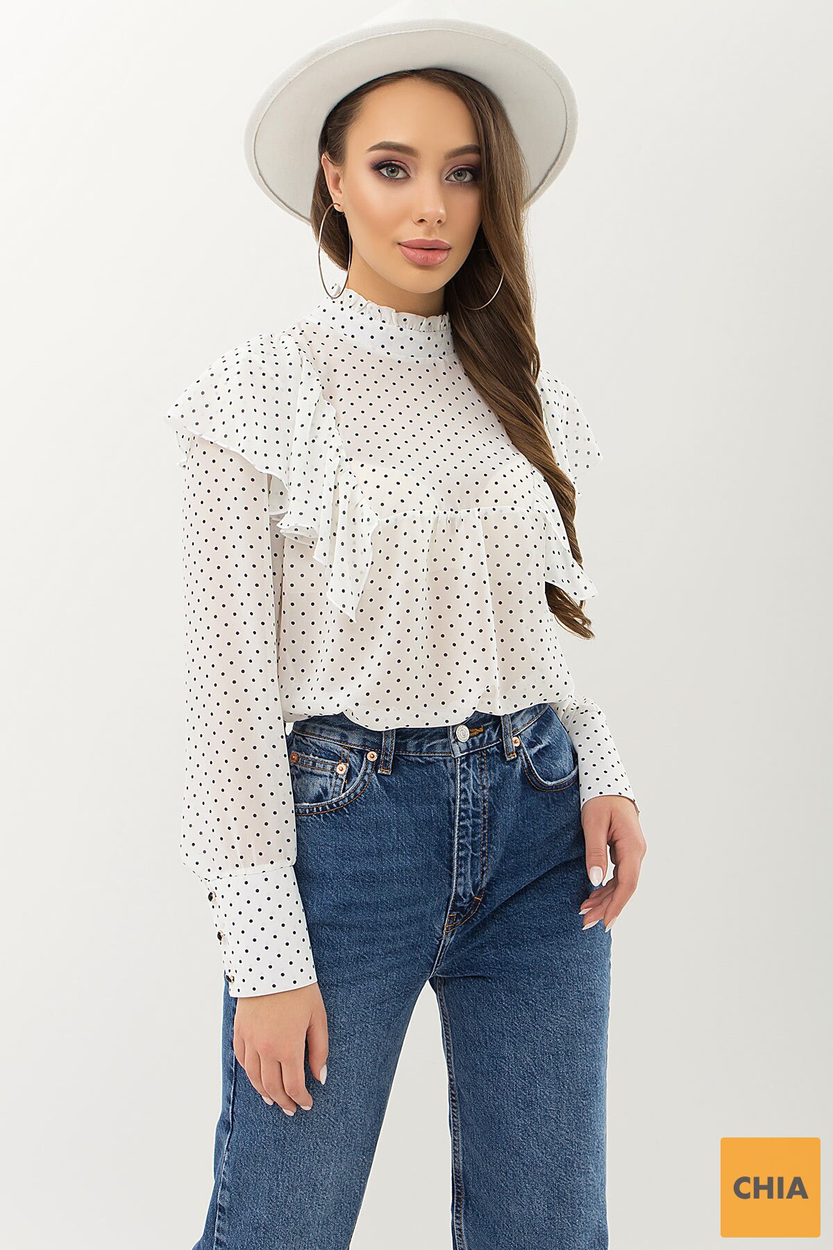 Блуза Вета д/р белый-черный м. горох