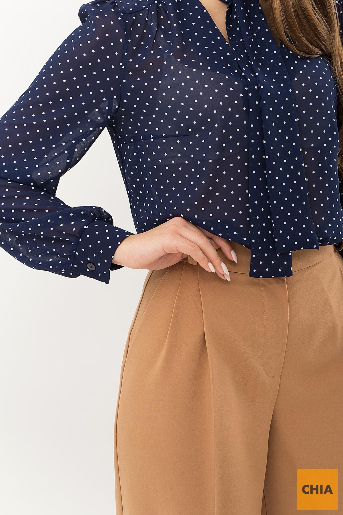 Блуза Аза д/р т.синий-белый м. горох